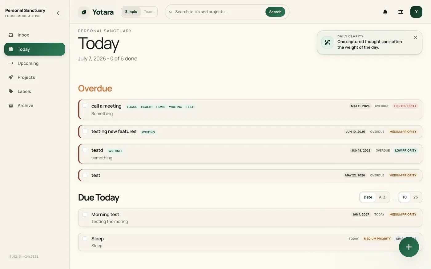 Yotara today view showing tasks grouped by priority