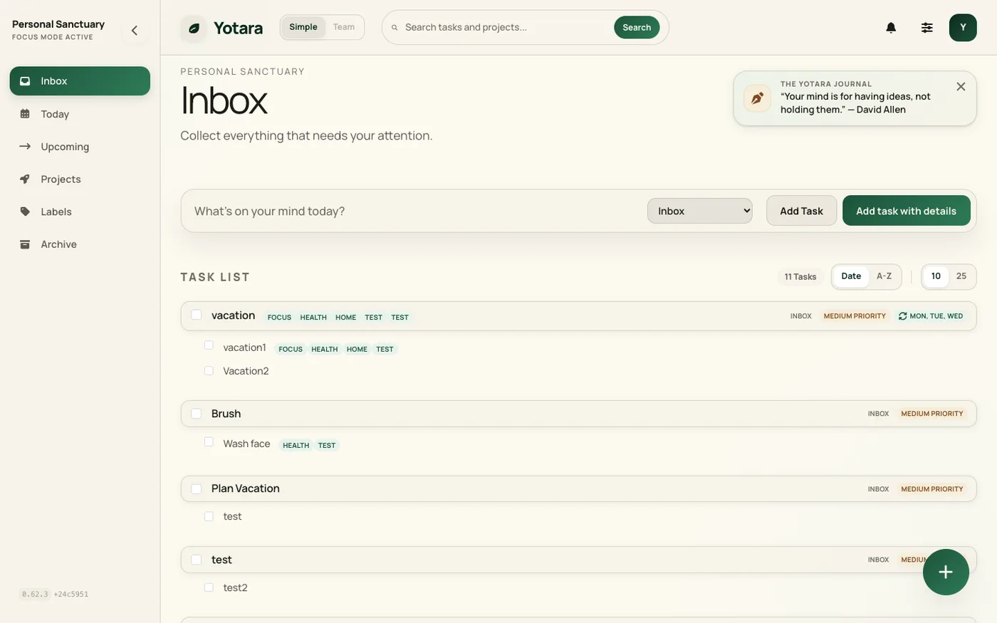 Yotara task management interface showing tasks organized by project in a clean, minimal UI