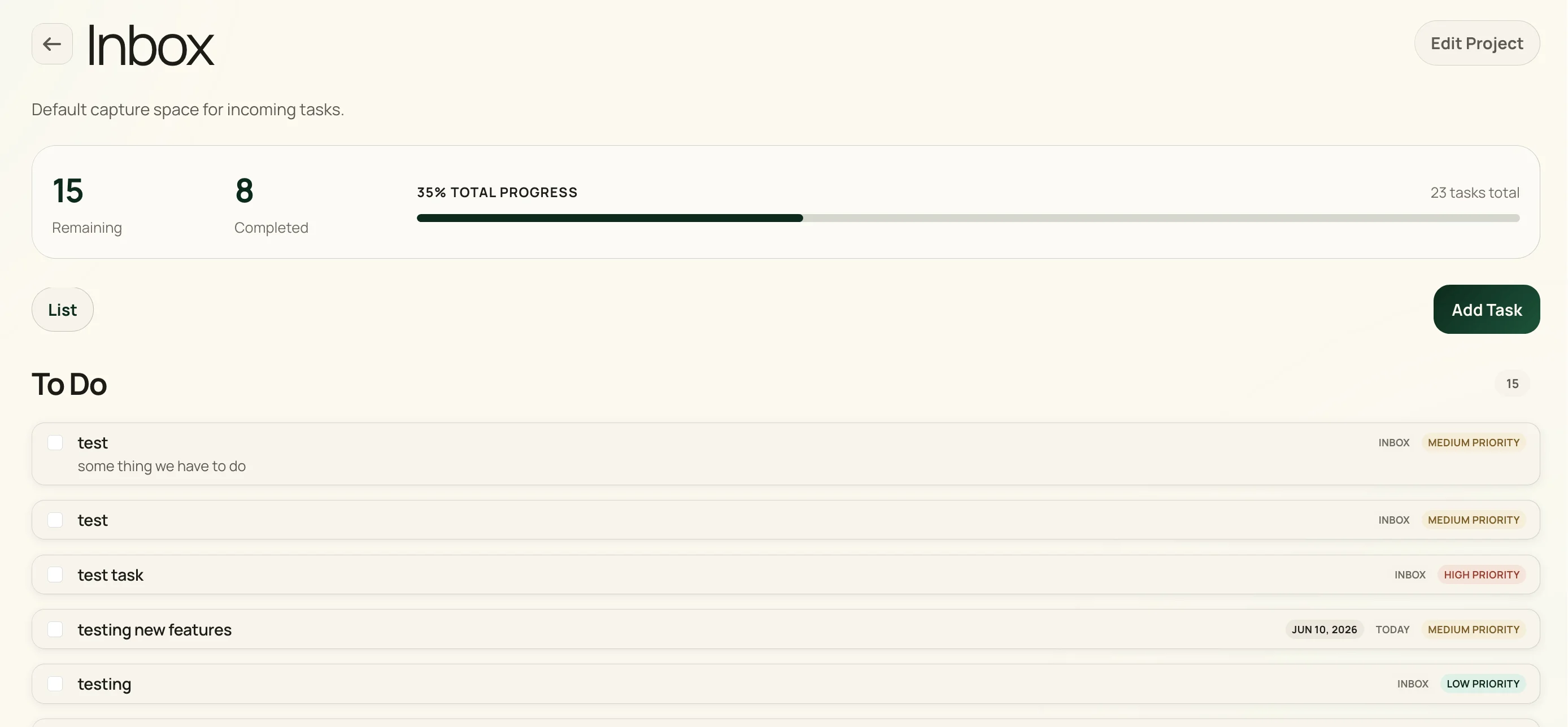 Projects view for organizing tasks
