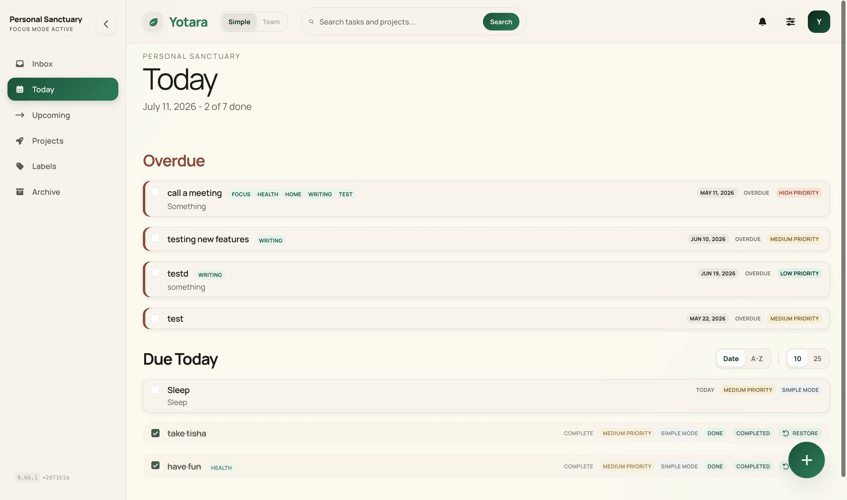 Today view for daily planning